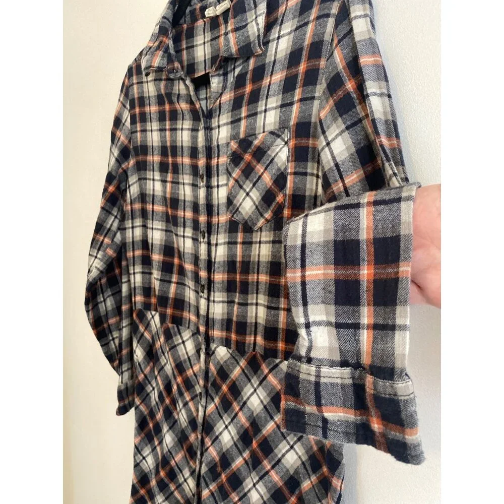 Japna Navy & Orange Women’s Plaid Flannel Tunic Shirt Size L 100% Cotton - Picture 2 of 5
